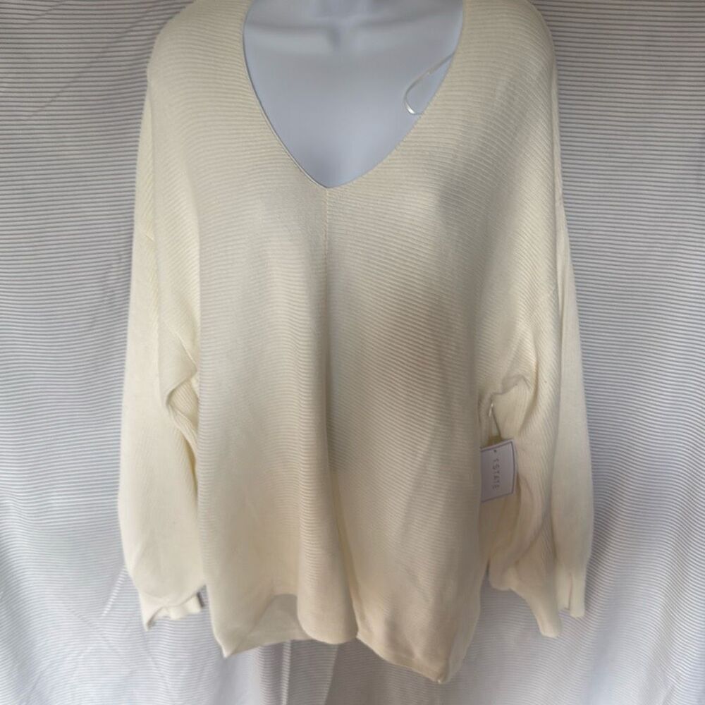 1. STATE | Ivory Cream V Neck Bubble Balloon Sleeve Ribbed Sweater | Size Large
